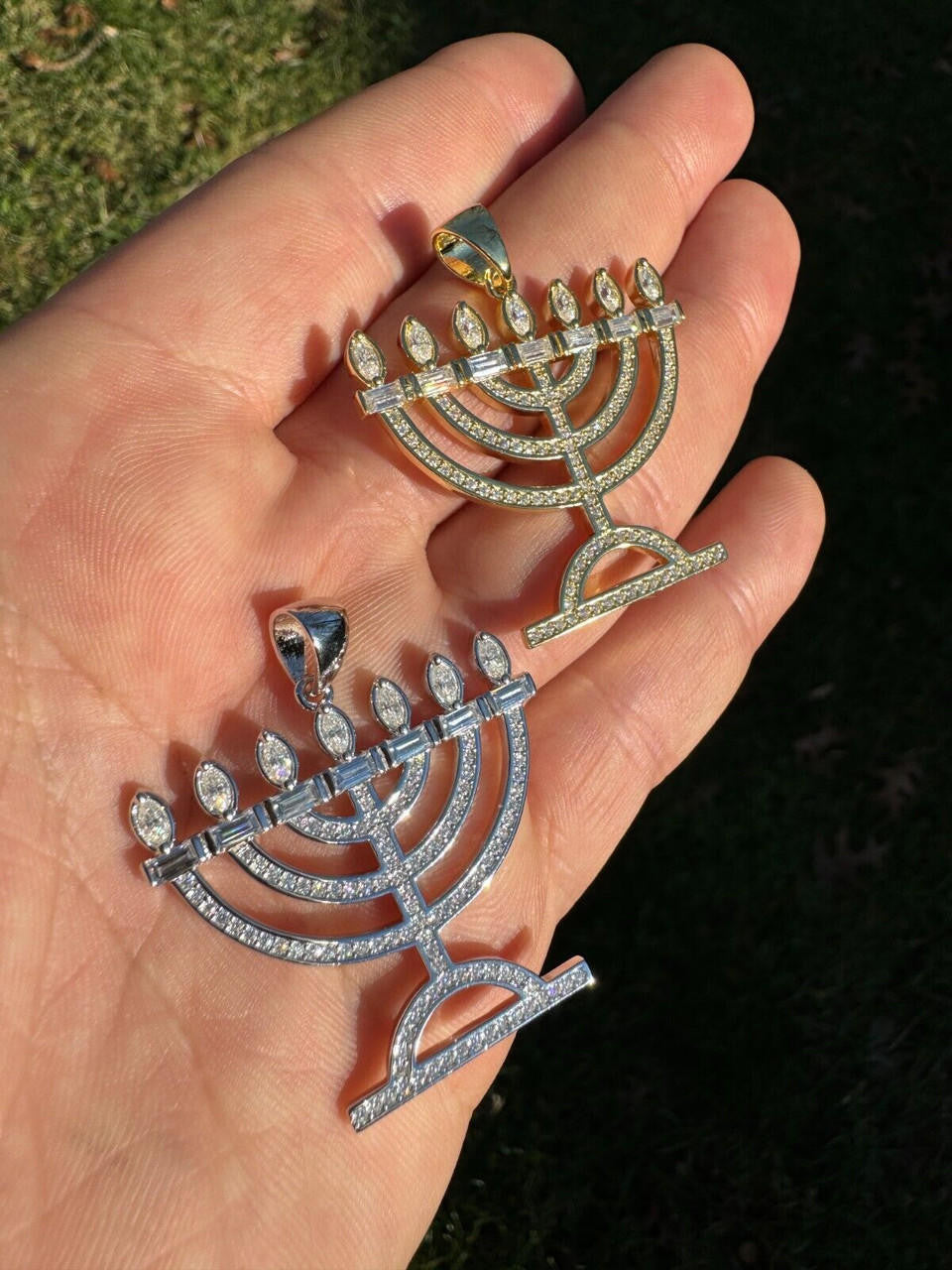 Hip Hop Real Moissanite Pendant Iced Jewish Menorah Hebrew Israelite Necklace 925 Silver