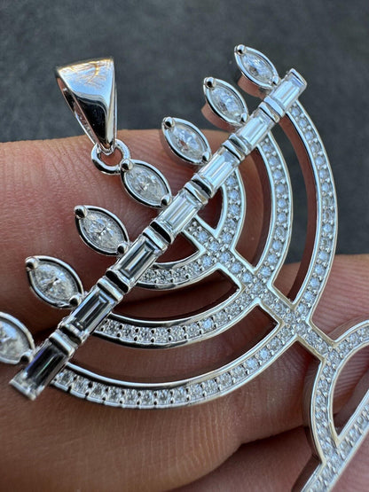 Hip Hop Real Moissanite Pendant Iced Jewish Menorah Hebrew Israelite Necklace 925 Silver