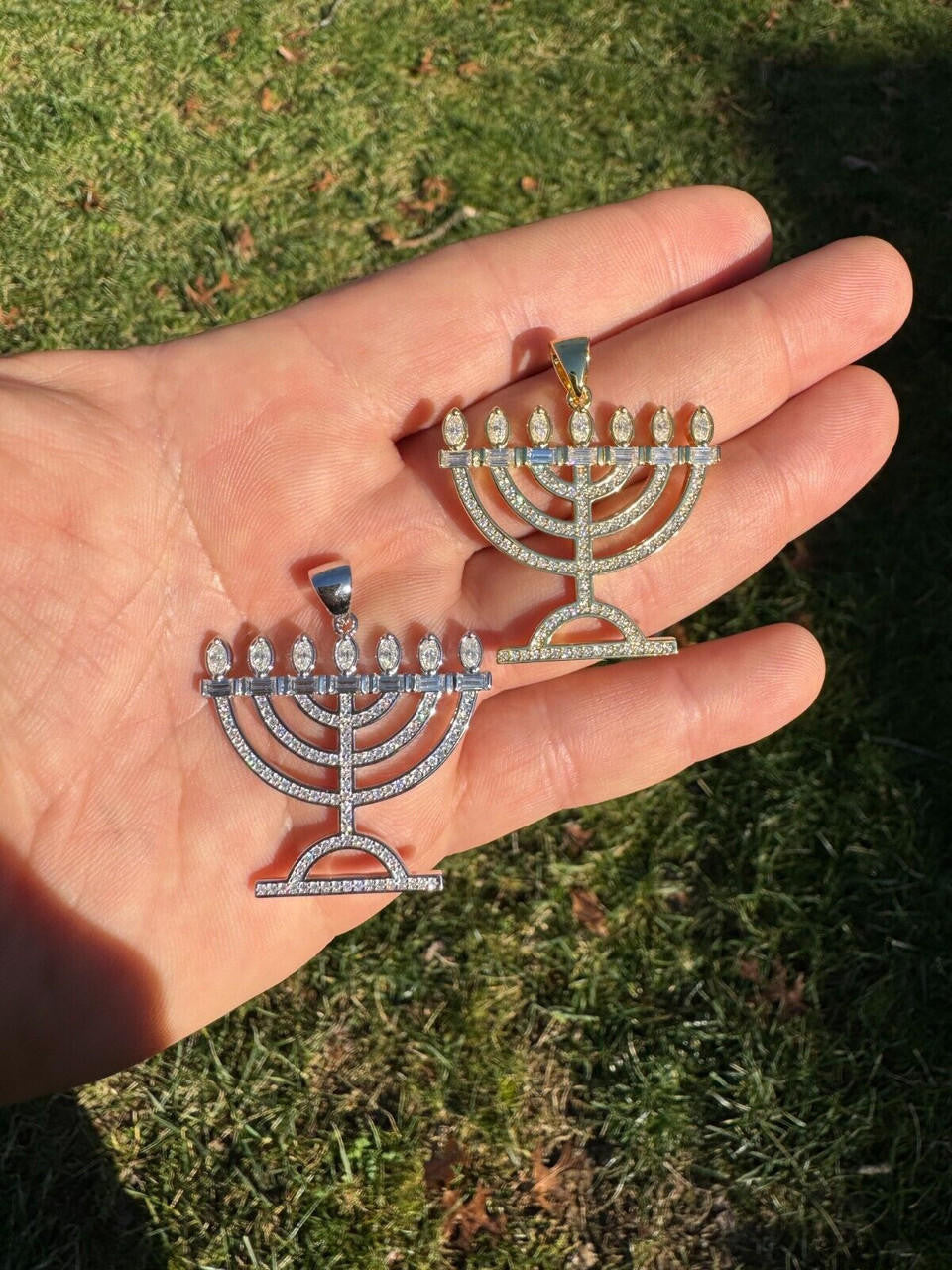 Hip Hop Real Moissanite Pendant Iced Jewish Menorah Hebrew Israelite Necklace 925 Silver