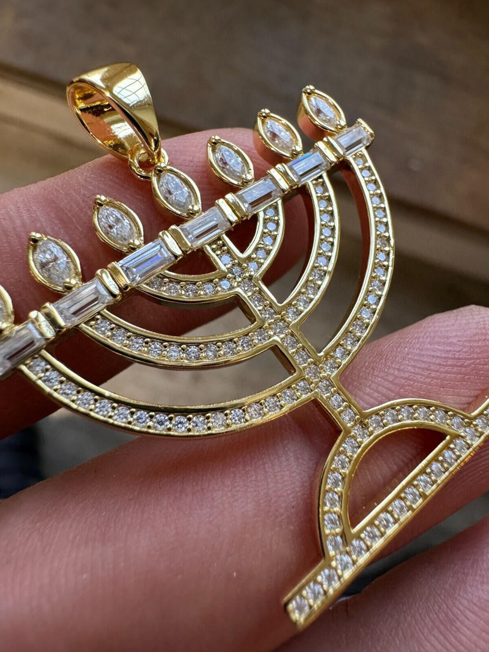 Hip Hop Real Moissanite Pendant Iced Jewish Menorah Hebrew Israelite Necklace 925 Silver