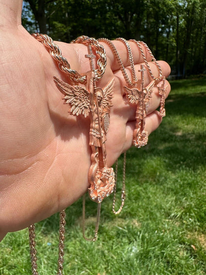 Hip Hop Real MOISSANITE Saint Michael & Dragon Pendant 14k Rose Gold Vermeil 925 Silver