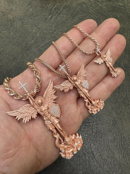 Hip Hop Real MOISSANITE Saint Michael & Dragon Pendant 14k Rose Gold Vermeil 925 Silver