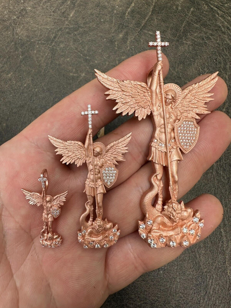 Hip Hop Real MOISSANITE Saint Michael & Dragon Pendant 14k Rose Gold Vermeil 925 Silver