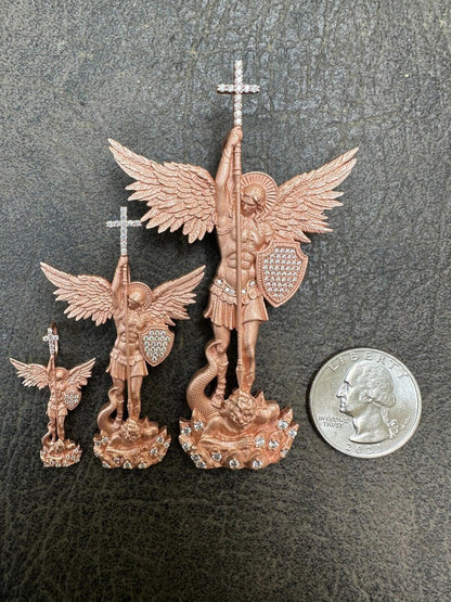 Hip Hop Real MOISSANITE Saint Michael & Dragon Pendant 14k Rose Gold Vermeil 925 Silver