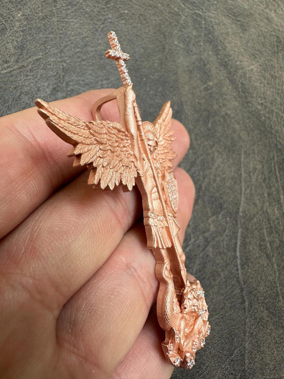 Hip Hop Real MOISSANITE Saint Michael & Dragon Pendant 14k Rose Gold Vermeil 925 Silver