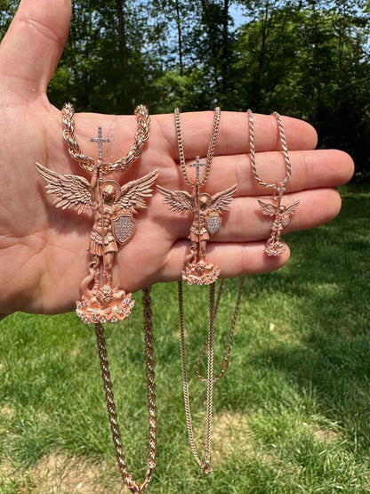 Hip Hop Real MOISSANITE Saint Michael & Dragon Pendant 14k Rose Gold Vermeil 925 Silver