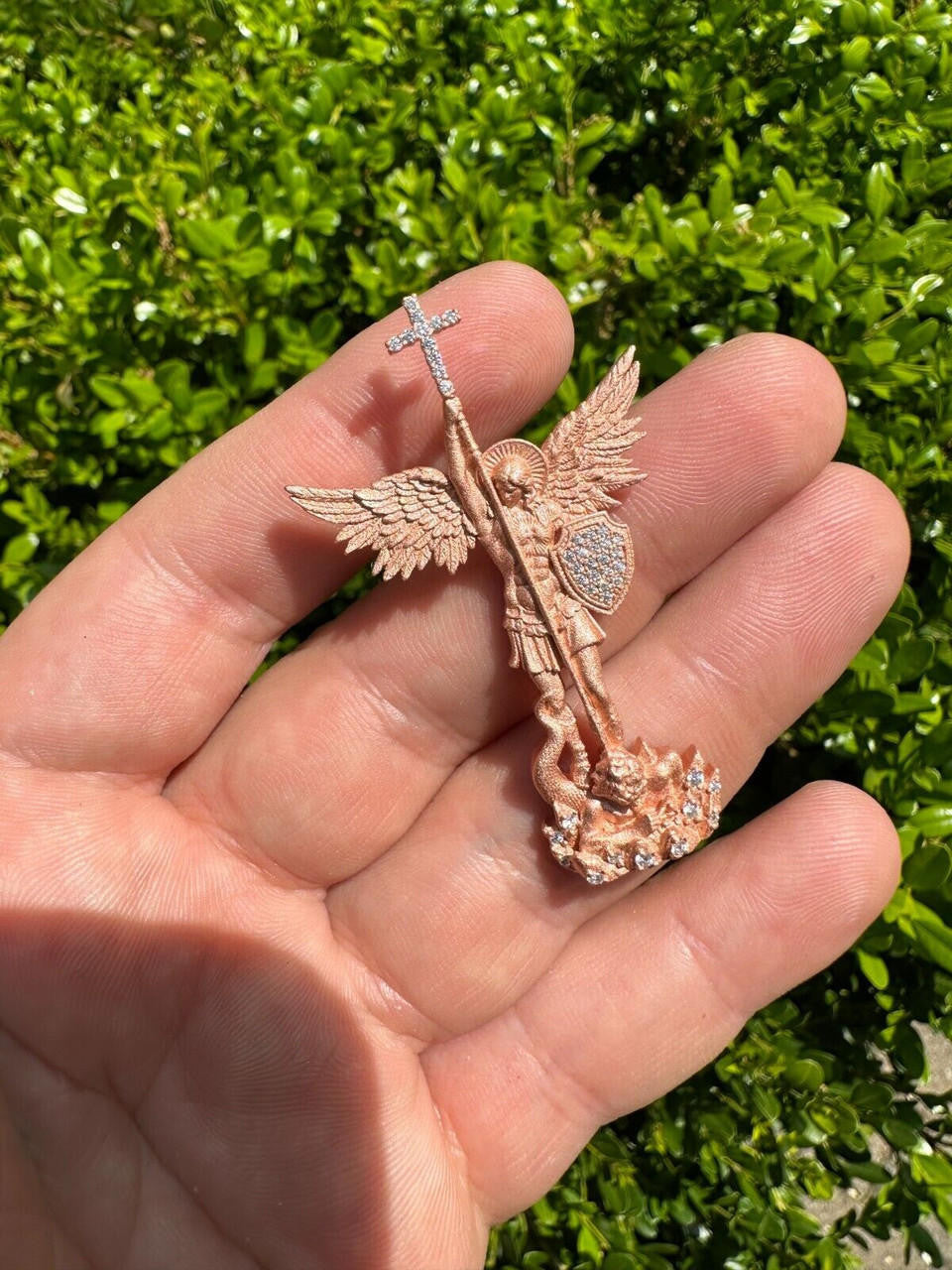 Hip Hop Real MOISSANITE Saint Michael & Dragon Pendant 14k Rose Gold Vermeil 925 Silver