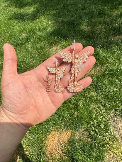 Hip Hop Real MOISSANITE Saint Michael & Dragon Pendant 14k Rose Gold Vermeil 925 Silver