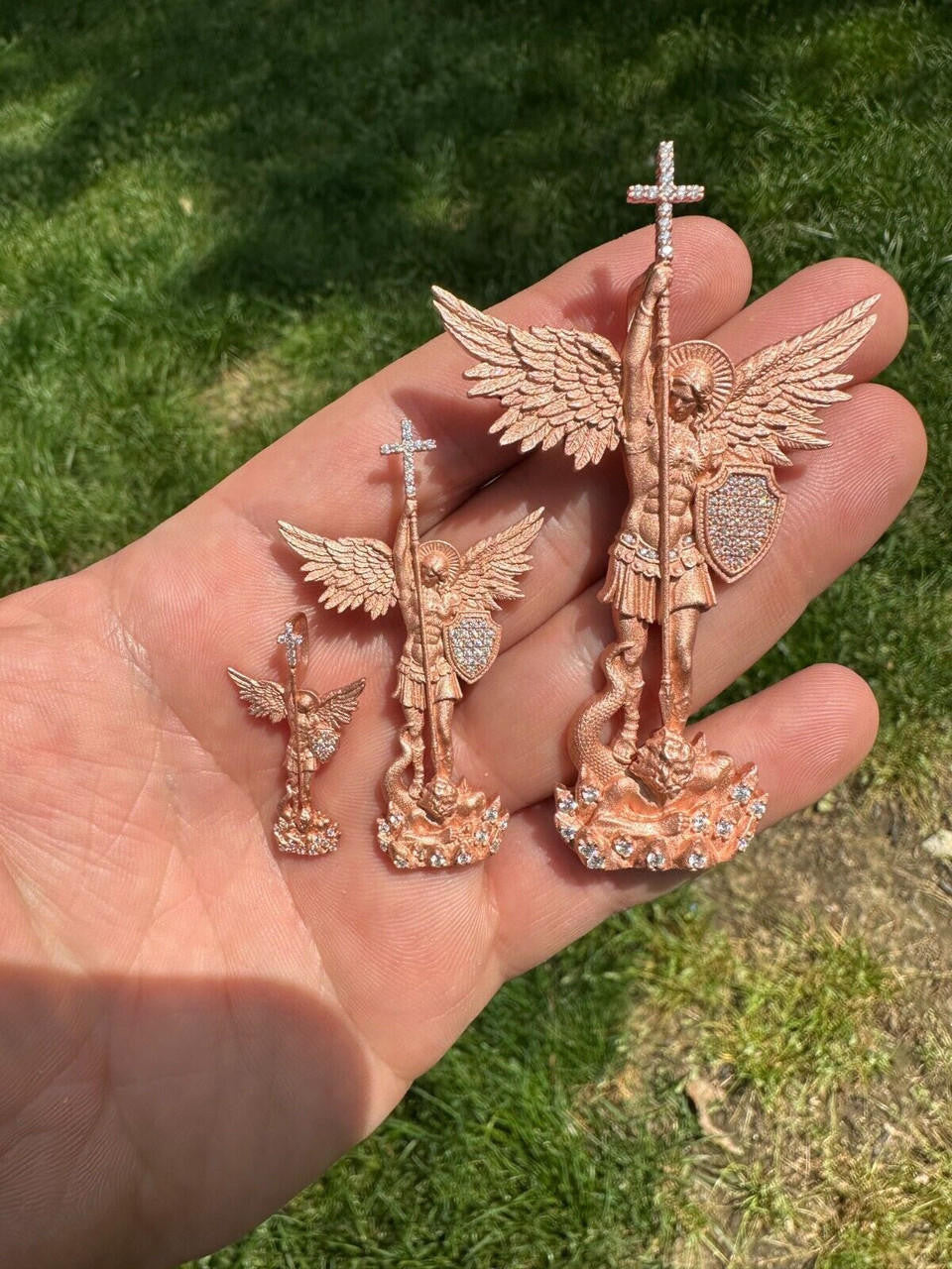 Hip Hop Real MOISSANITE Saint Michael & Dragon Pendant 14k Rose Gold Vermeil 925 Silver