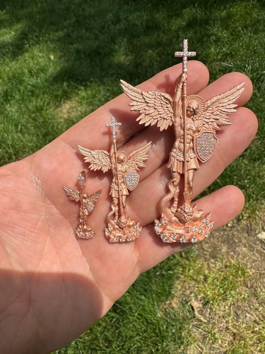 Hip Hop Real MOISSANITE Saint Michael & Dragon Pendant 14k Rose Gold Vermeil 925 Silver