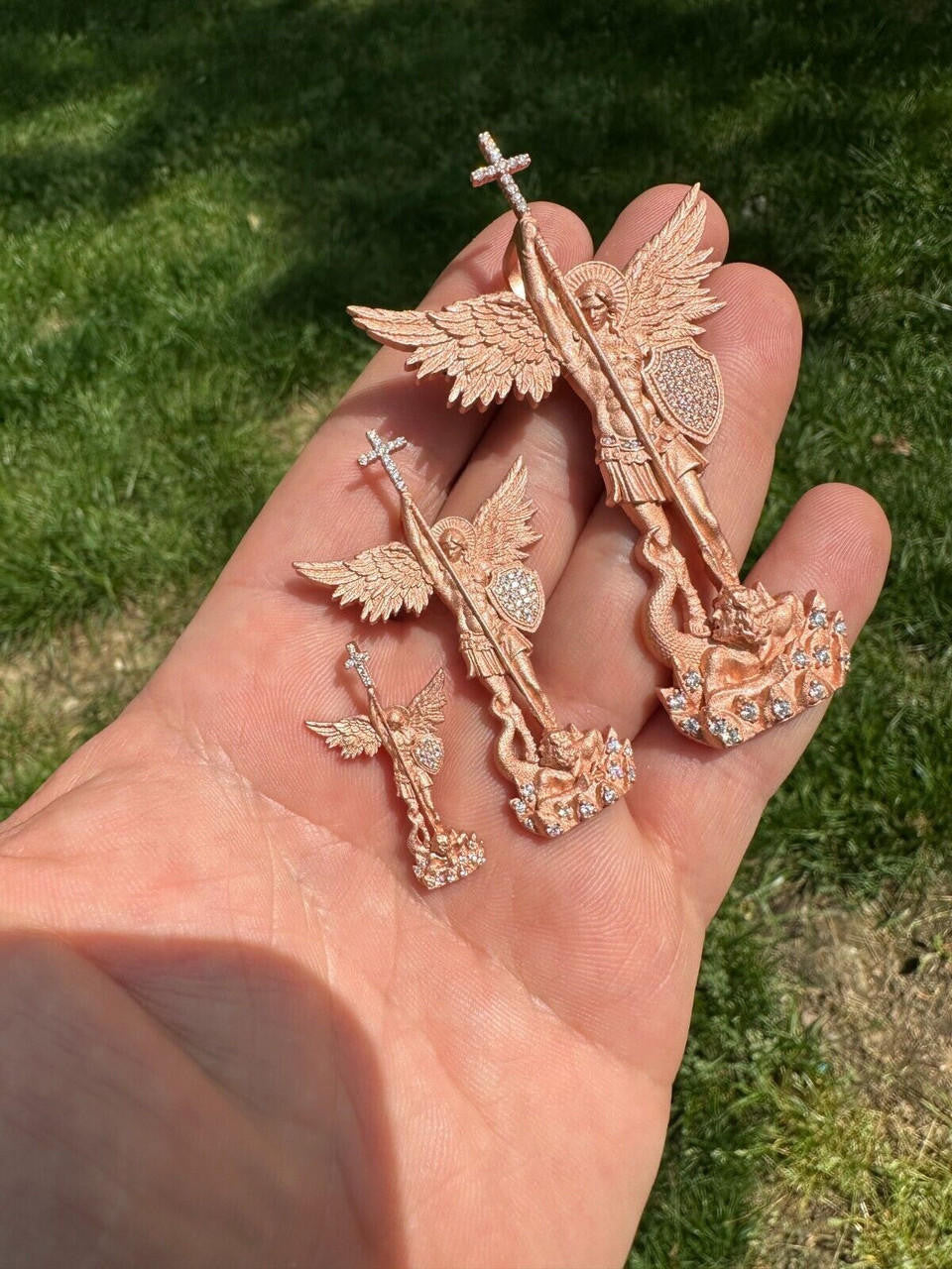 Hip Hop Real MOISSANITE Saint Michael & Dragon Pendant 14k Rose Gold Vermeil 925 Silver