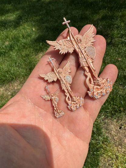 Hip Hop Real MOISSANITE Saint Michael & Dragon Pendant 14k Rose Gold Vermeil 925 Silver