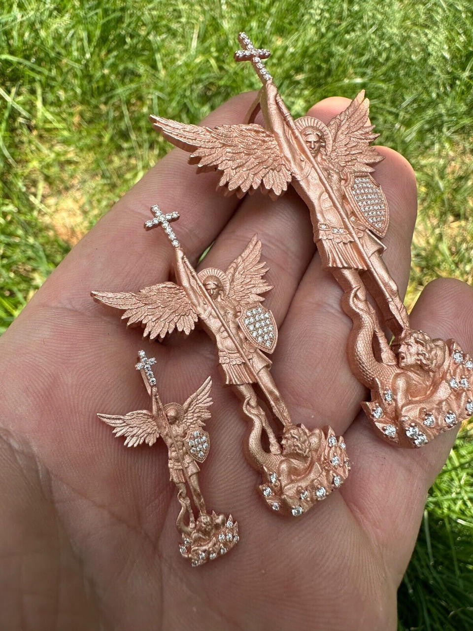 Hip Hop Real MOISSANITE Saint Michael & Dragon Pendant 14k Rose Gold Vermeil 925 Silver