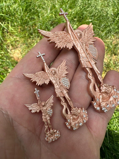 Hip Hop Real MOISSANITE Saint Michael & Dragon Pendant 14k Rose Gold Vermeil 925 Silver