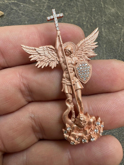 Hip Hop Real MOISSANITE Saint Michael & Dragon Pendant 14k Rose Gold Vermeil 925 Silver