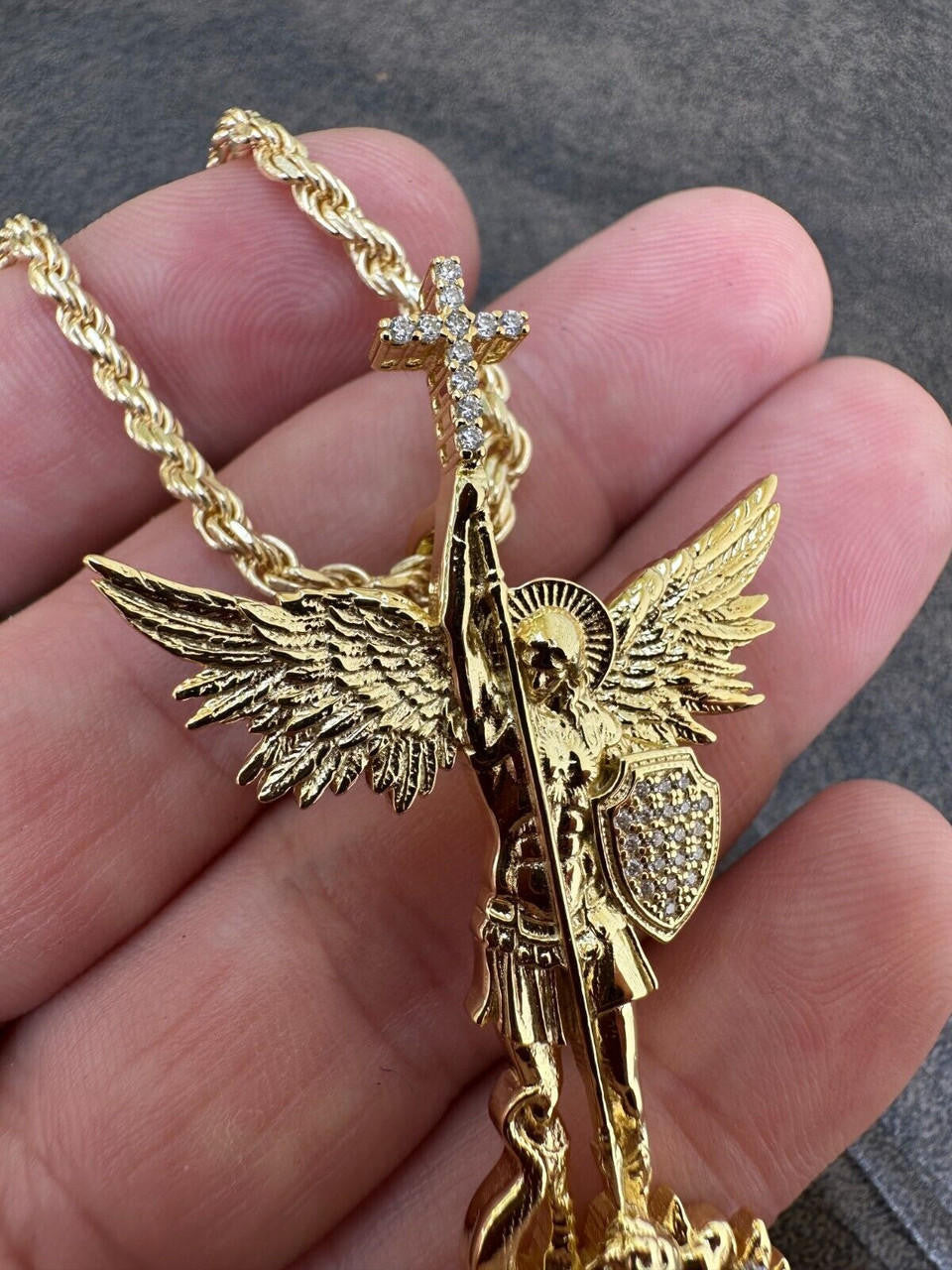 Hip Hop Real MOISSANITE Saint Michael Slaying Dragon Pendant 14k Gold Over 925 Silver
