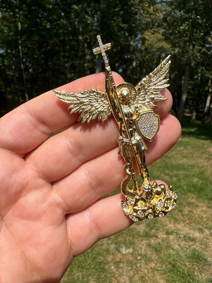 Hip Hop Real MOISSANITE Saint Michael Slaying Dragon Pendant 14k Gold Over 925 Silver