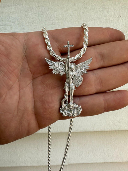 Hip Hop Real MOISSANITE Saint St Michael Slaying Dragon Archangel Pendant 925 Silver