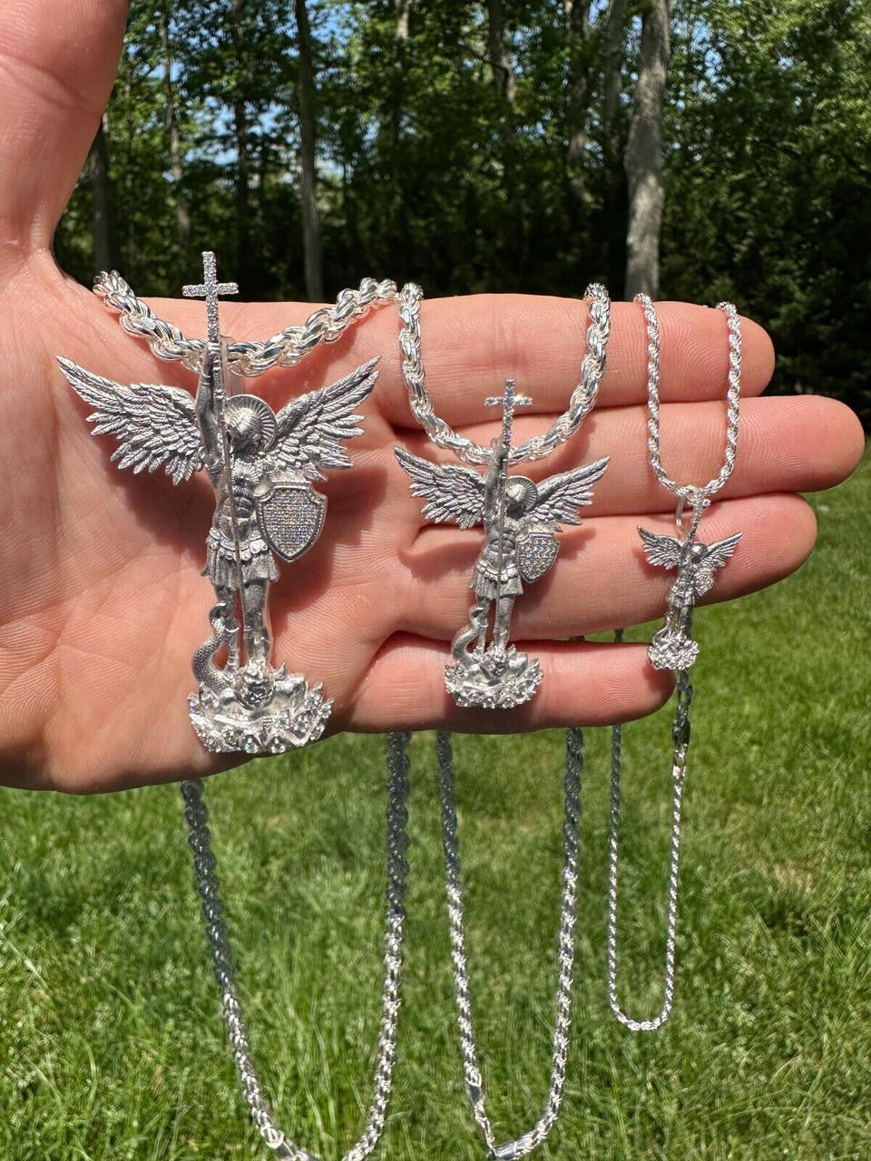 Hip Hop Real MOISSANITE Saint St Michael Slaying Dragon Archangel Pendant 925 Silver