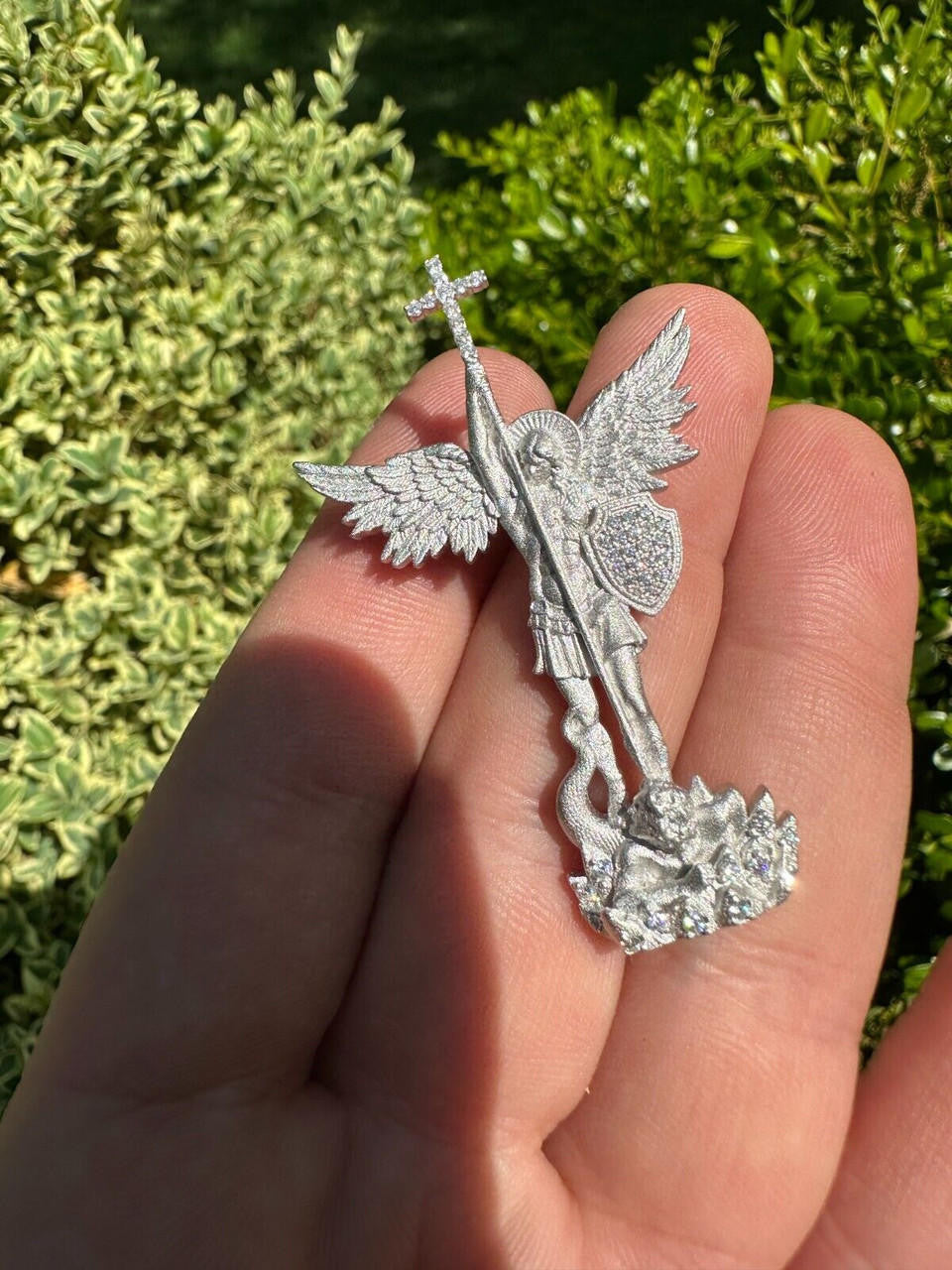 Hip Hop Real MOISSANITE Saint St Michael Slaying Dragon Archangel Pendant 925 Silver