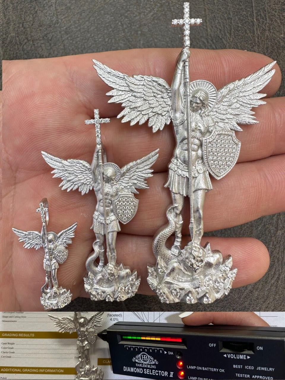 Hip Hop Real MOISSANITE Saint St Michael Slaying Dragon Archangel Pendant 925 Silver