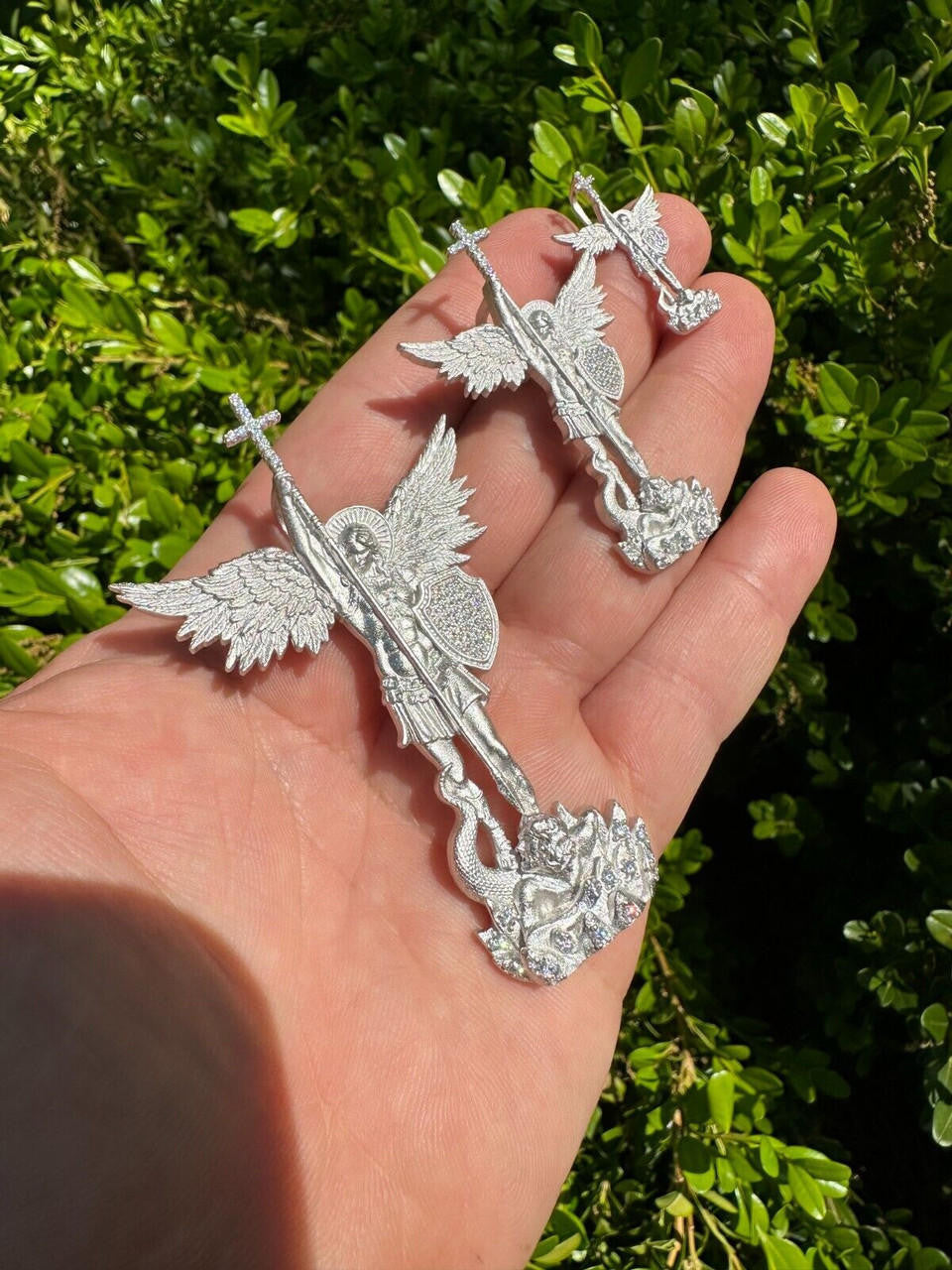 Hip Hop Real MOISSANITE Saint St Michael Slaying Dragon Archangel Pendant 925 Silver