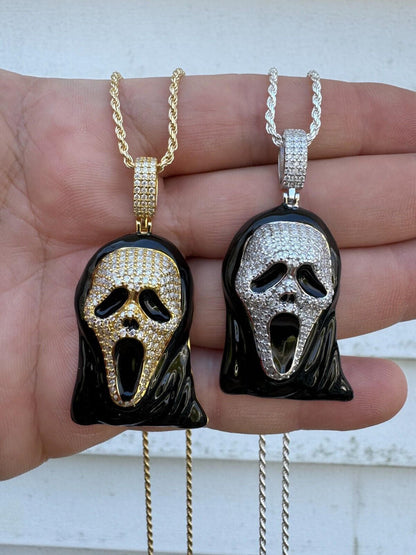 Hip Hop Real Moissanite Scream Mask Ghostface Iced Pendant Necklace 925 Silver / Gold