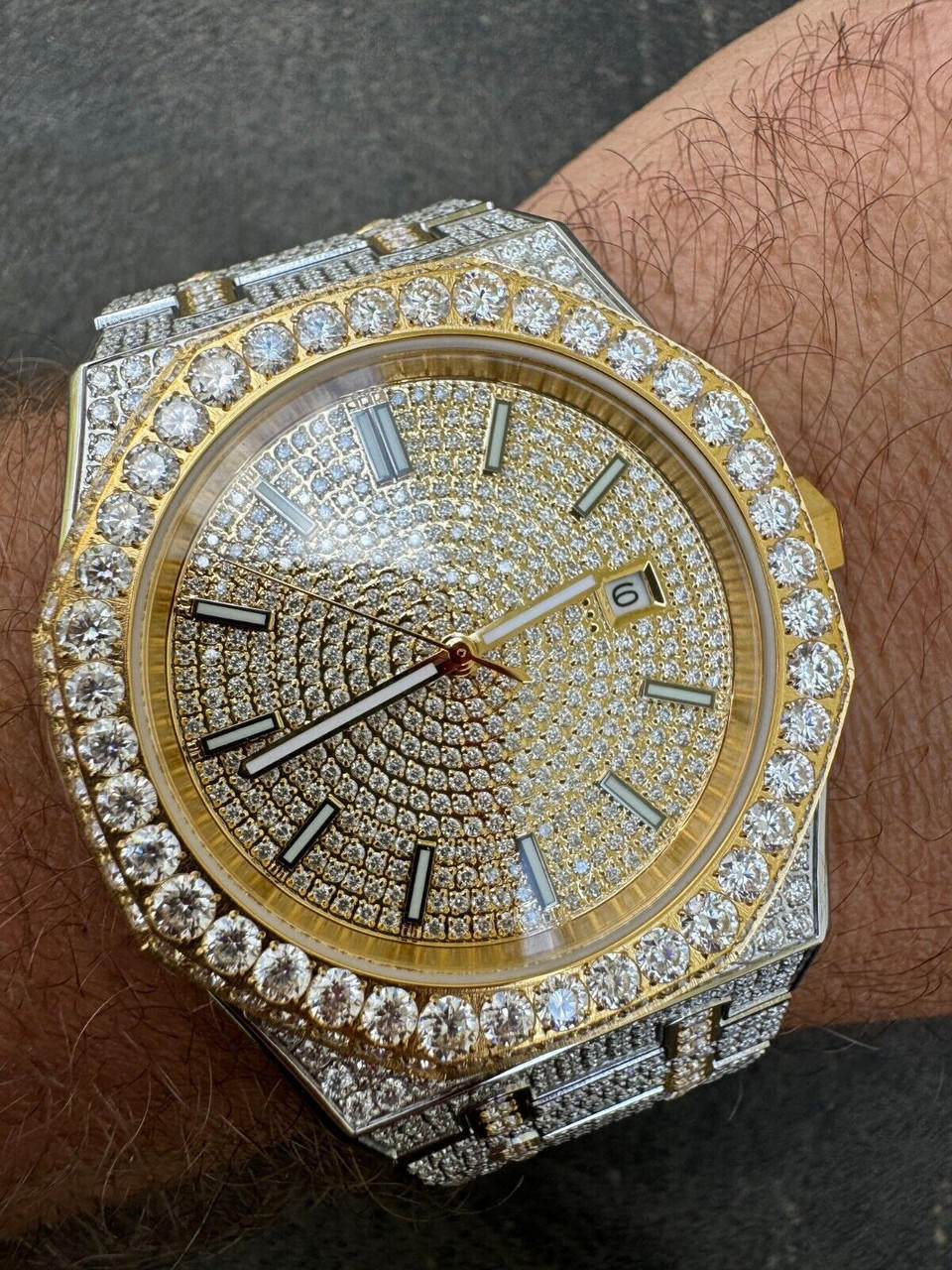 Hip Hop Real MOISSANITE Two Tone Gold Mens Auto Watch Iced Large Stones No ID Hip Hop