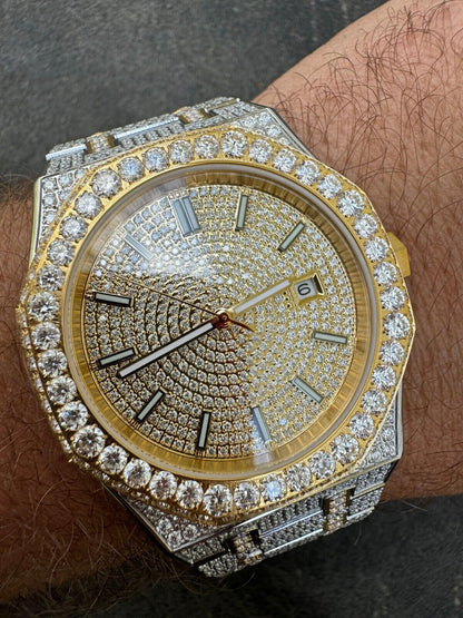 Hip Hop Real MOISSANITE Two Tone Gold Mens Auto Watch Iced Large Stones No ID Hip Hop