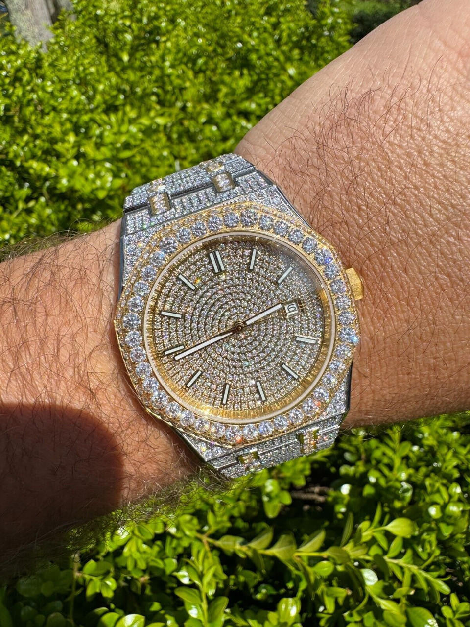 Hip Hop Real MOISSANITE Two Tone Gold Mens Auto Watch Iced Large Stones No ID Hip Hop