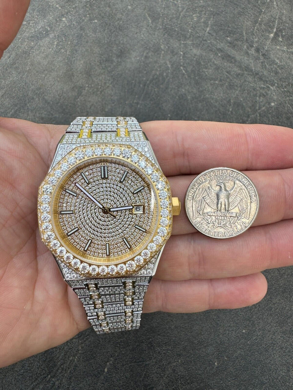Hip Hop Real MOISSANITE Two Tone Gold Mens Auto Watch Iced Large Stones No ID Hip Hop