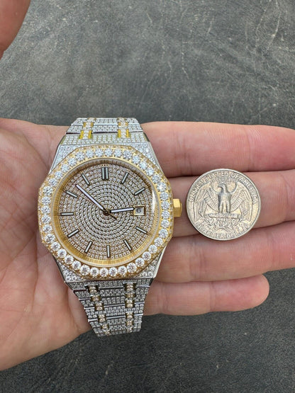 Hip Hop Real MOISSANITE Two Tone Gold Mens Auto Watch Iced Large Stones No ID Hip Hop