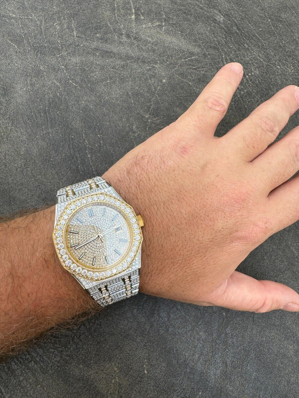 Hip Hop Real MOISSANITE Two Tone Gold Mens Auto Watch Iced Large Stones No ID Hip Hop