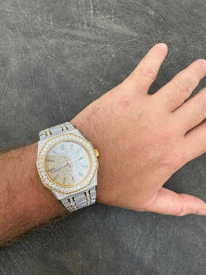 Hip Hop Real MOISSANITE Two Tone Gold Mens Auto Watch Iced Large Stones No ID Hip Hop