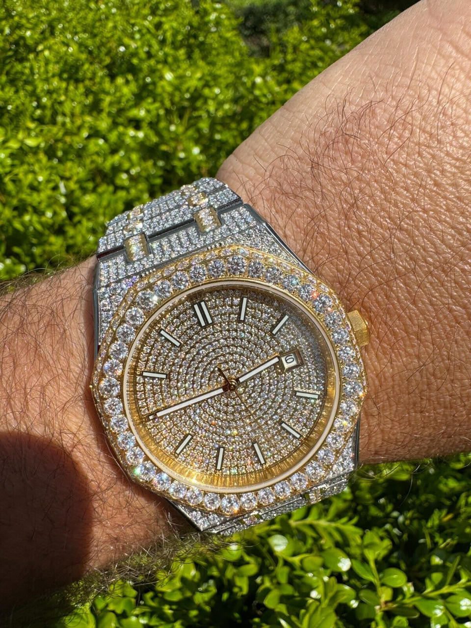 Hip Hop Real MOISSANITE Two Tone Gold Mens Auto Watch Iced Large Stones No ID Hip Hop