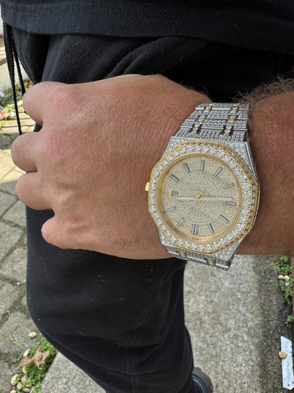 Hip Hop Real MOISSANITE Two Tone Gold Mens Auto Watch Iced Large Stones No ID Hip Hop