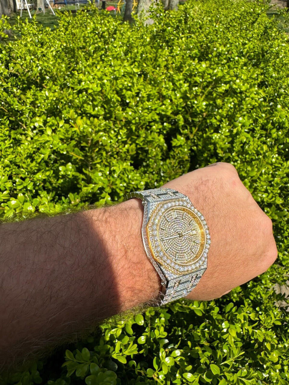 Hip Hop Real MOISSANITE Two Tone Gold Mens Auto Watch Iced Large Stones No ID Hip Hop