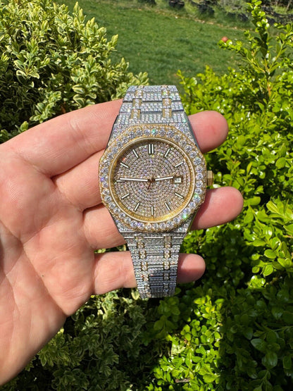 Hip Hop Real MOISSANITE Two Tone Gold Mens Auto Watch Iced Large Stones No ID Hip Hop