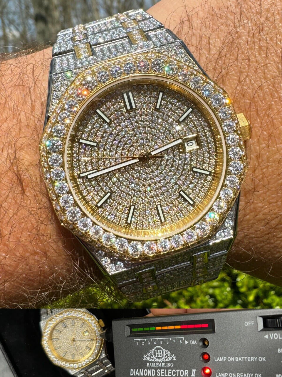 Hip Hop Real MOISSANITE Two Tone Gold Mens Auto Watch Iced Large Stones No ID Hip Hop