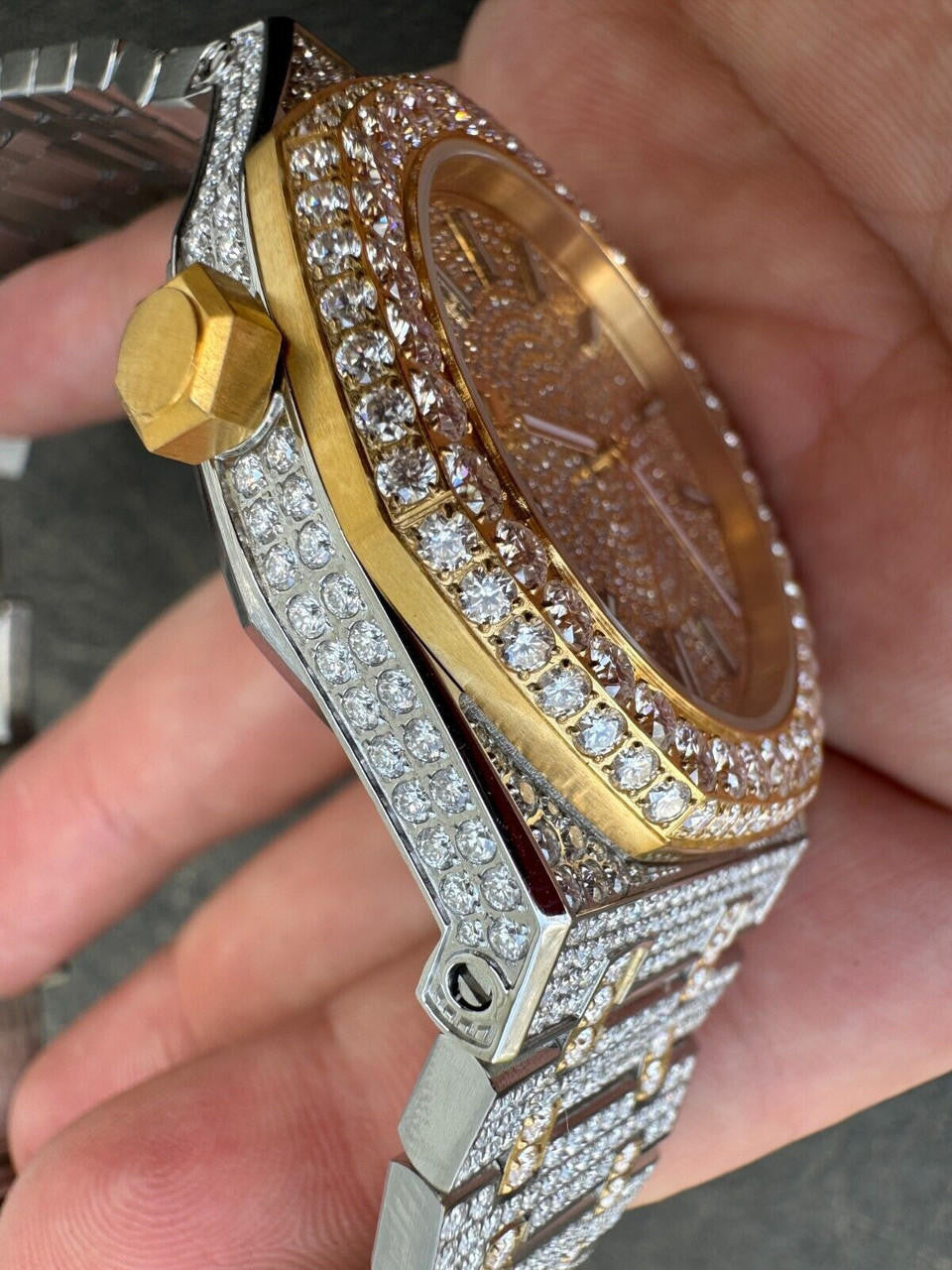 Hip Hop Real MOISSANITE Two Tone Gold Mens Auto Watch Iced Large Stones No ID Hip Hop