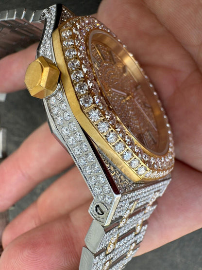 Hip Hop Real MOISSANITE Two Tone Gold Mens Auto Watch Iced Large Stones No ID Hip Hop