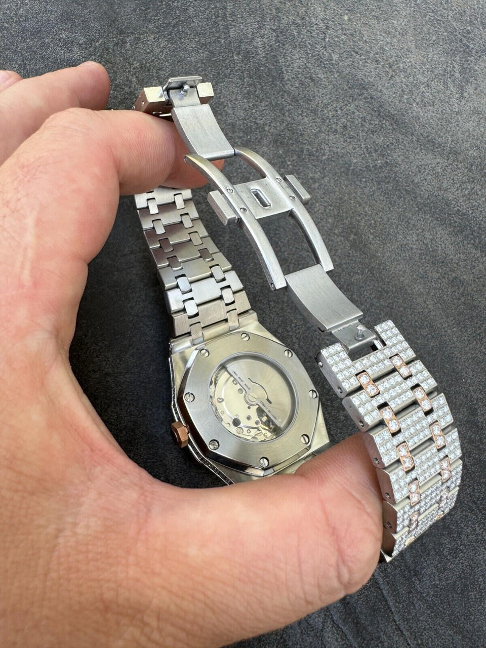 Hip Hop Real MOISSANITE Two Tone Gold Mens Auto Watch Iced Large Stones No ID Hip Hop