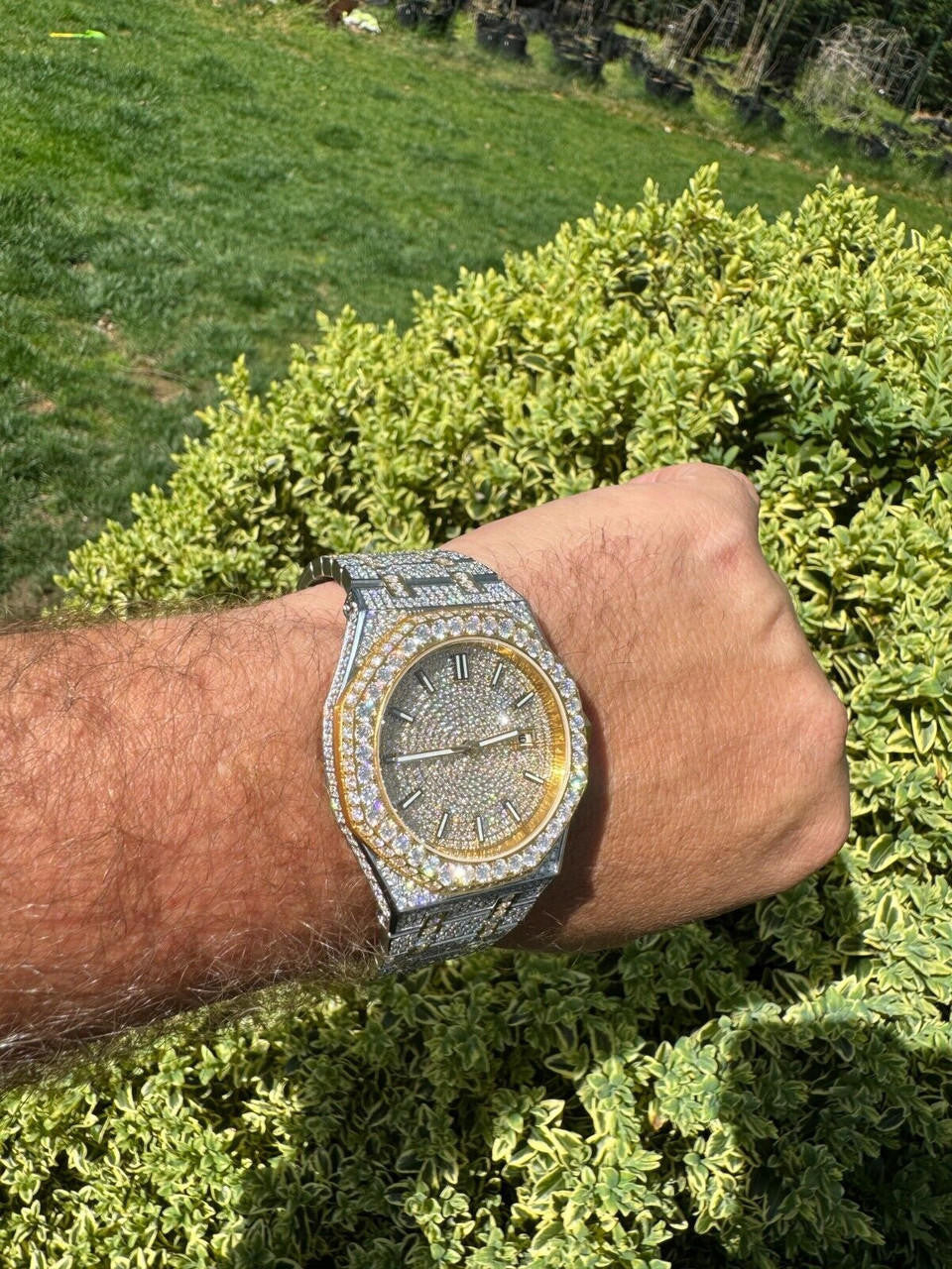 Hip Hop Real MOISSANITE Two Tone Gold Mens Auto Watch Iced Large Stones No ID Hip Hop