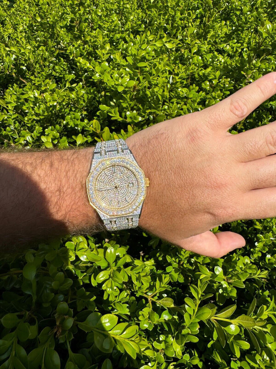 Hip Hop Real MOISSANITE Two Tone Gold Mens Auto Watch Iced Large Stones No ID Hip Hop