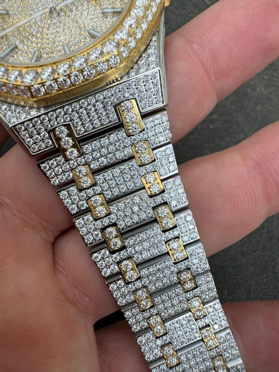 Hip Hop Real MOISSANITE Two Tone Gold Mens Auto Watch Iced Large Stones No ID Hip Hop