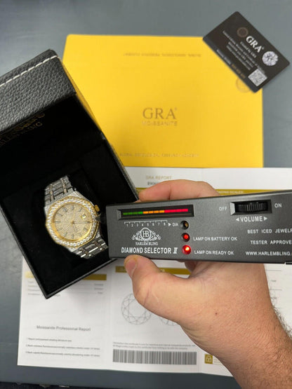 Hip Hop Real MOISSANITE Two Tone Gold Mens Auto Watch Iced Large Stones No ID Hip Hop