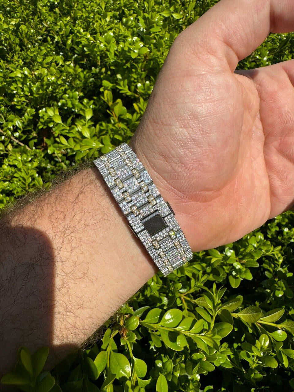 Hip Hop Real MOISSANITE Two Tone Gold Mens Auto Watch Iced Large Stones No ID Hip Hop