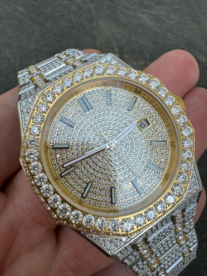 Hip Hop Real MOISSANITE Two Tone Gold Mens Auto Watch Iced Large Stones No ID Hip Hop