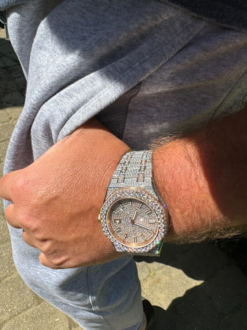 Hip Hop Real MOISSANITE Two Tone Rose Gold Mens Auto Watch Iced Large Stones No ID