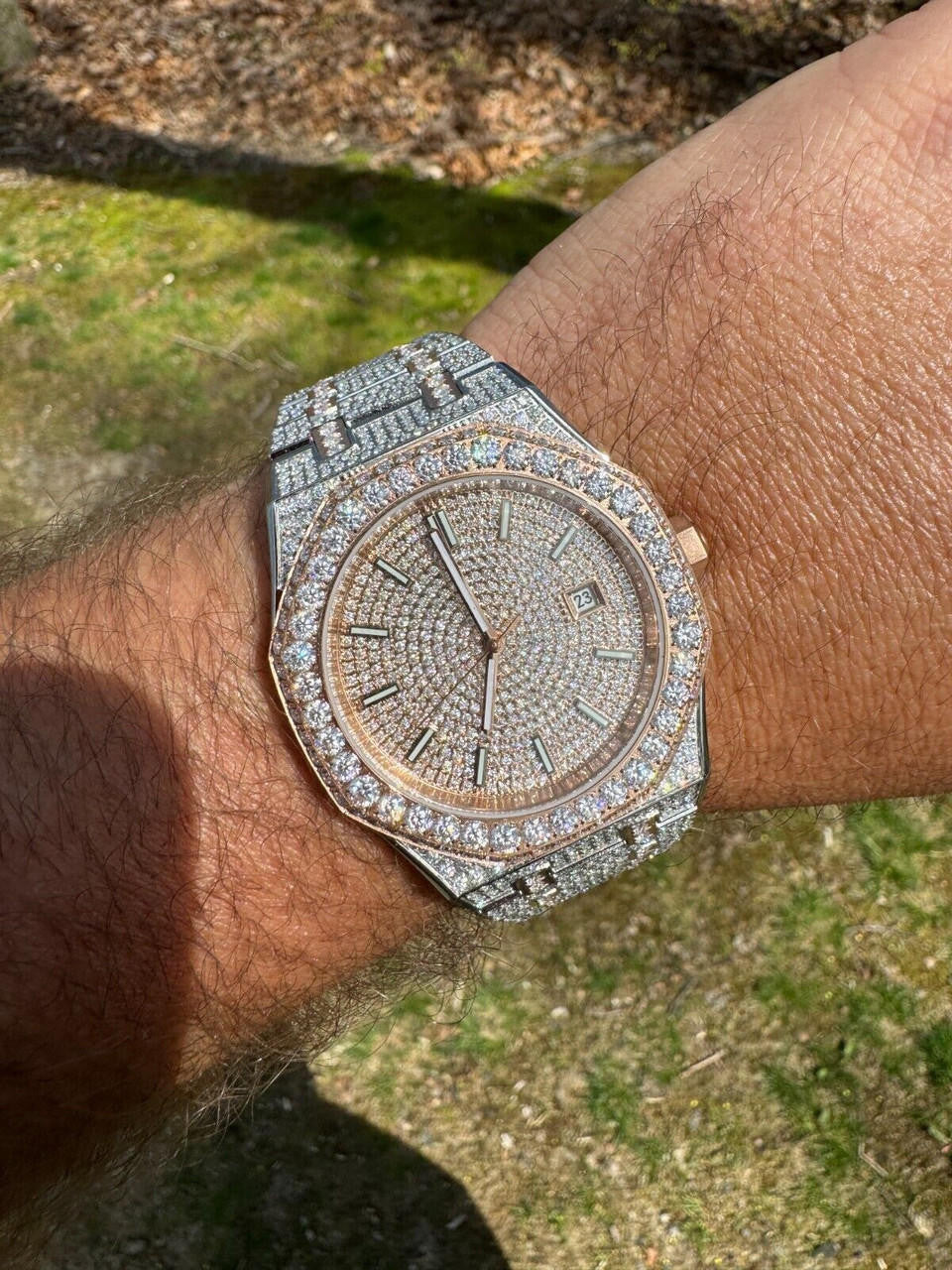 Hip Hop Real MOISSANITE Two Tone Rose Gold Mens Auto Watch Iced Large Stones No ID